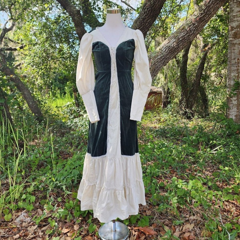 VTG GUNNE SAX PRAIRIE VELVET LONG SLEEVE LACE BOHO HIPPY DRESS GREEN IVORY 5